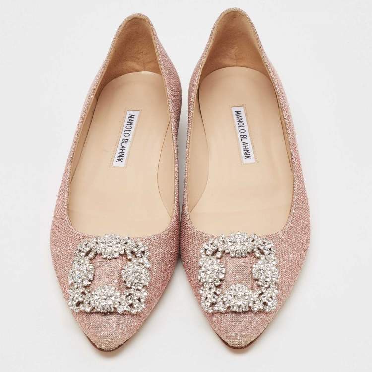 Pre Owned Manolo Blahnik Gold Glitter Hangisi Ballet Flats Size 39