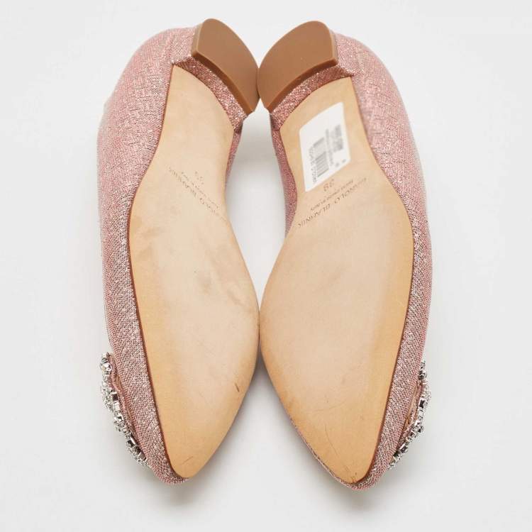 Pre Owned Manolo Blahnik Gold Glitter Hangisi Ballet Flats Size 39