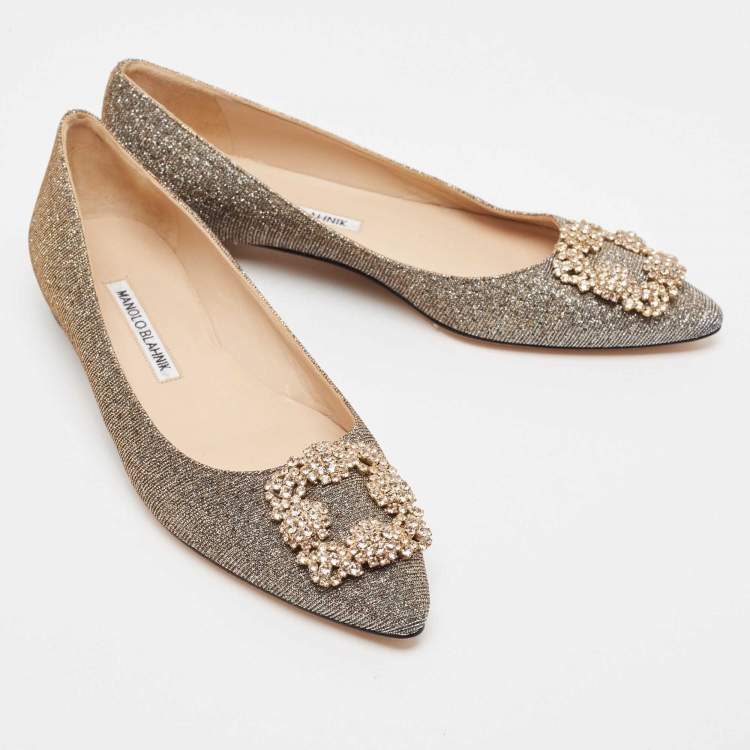 Pre Owned Manolo Blahnik Metallic Lurex Fabric Hangisi Ballet Flats Size 38.5