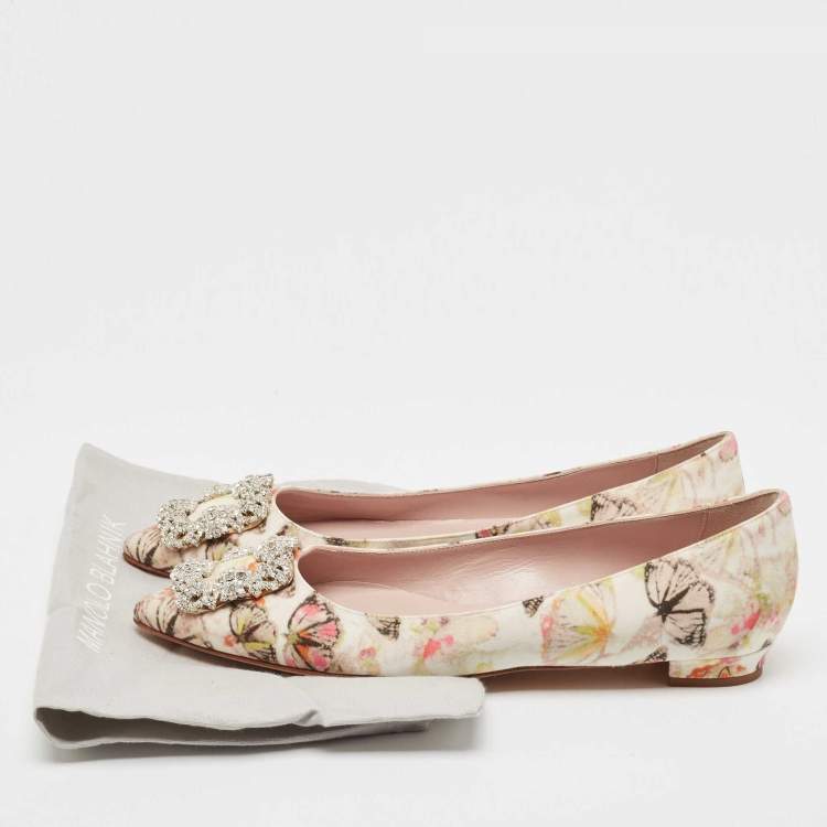 Pre Owned Manolo Blahnik Multicolor Satin Hangisi Ballet Flats Size 39