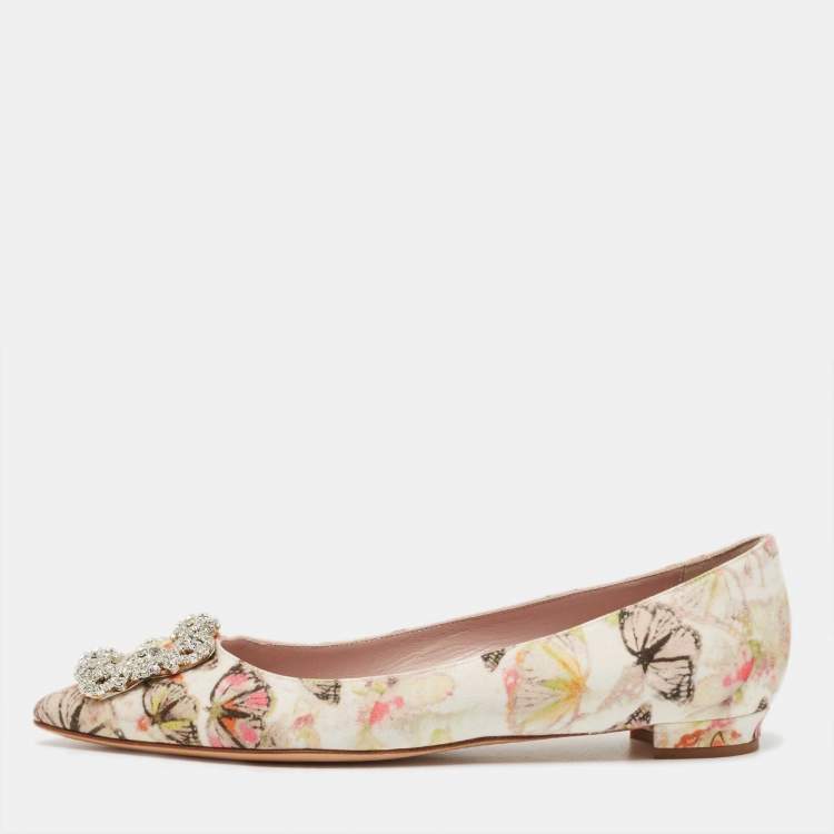 Pre Owned Manolo Blahnik Multicolor Satin Hangisi Ballet Flats Size 39