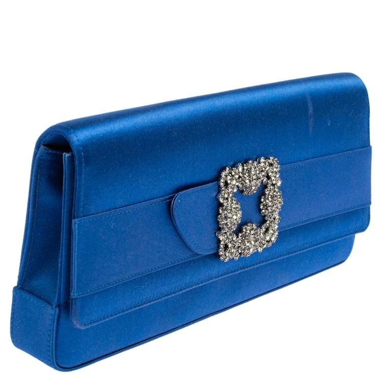 Pre Owned Manolo Blahnik Royal Blue Satin Gothisi Buckle Clutch