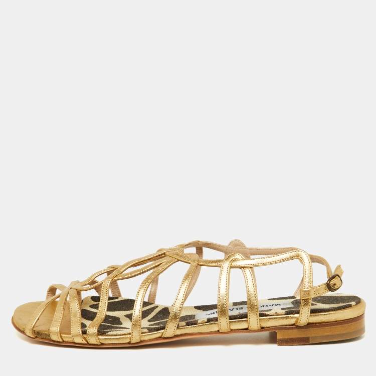 Pre Owned Manolo Blahnik Gold Leather Strappy Flat Sandals Size 38.5