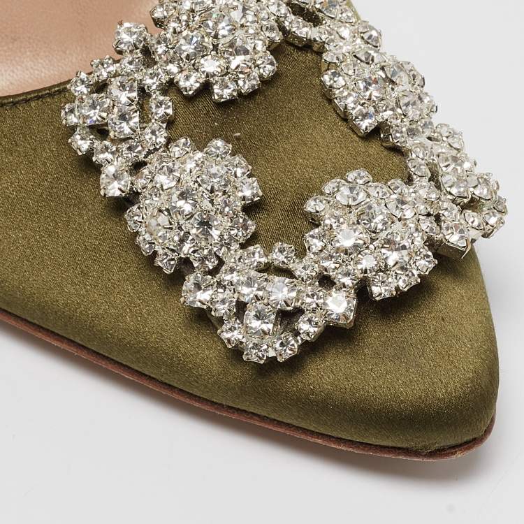 Pre Owned Manolo Blahnik Green Satin Hangisi Pumps Size 36