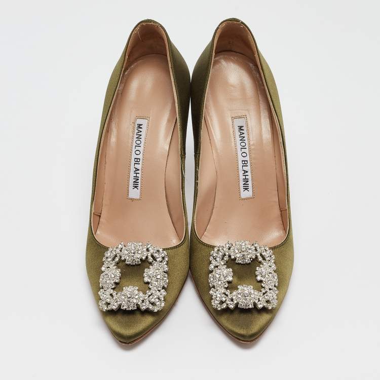 Pre Owned Manolo Blahnik Green Satin Hangisi Pumps Size 36