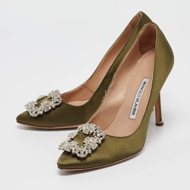 Pre Owned Manolo Blahnik Green Satin Hangisi Pumps Size 36