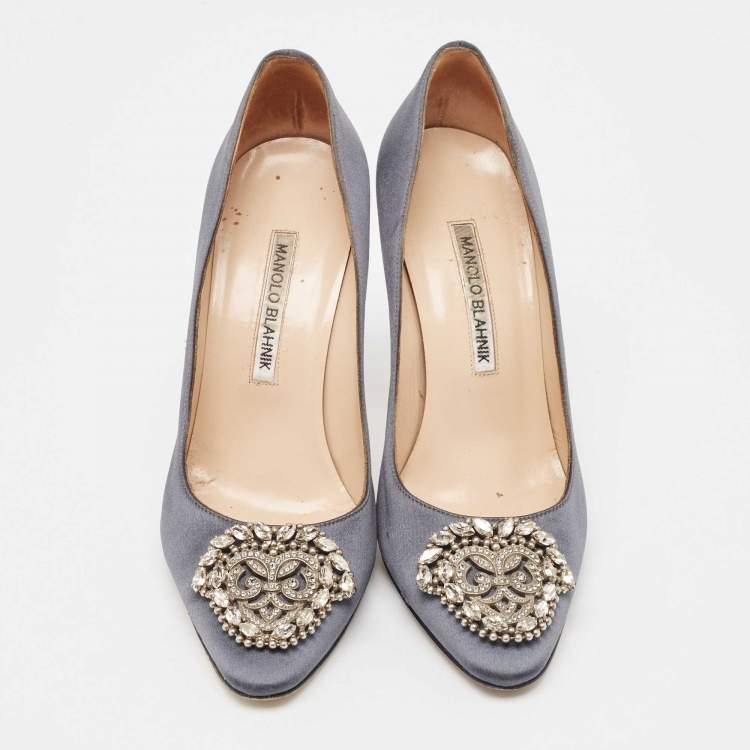 Pre Owned Manolo Blahnik Grey Satin Okkava Pumps Size 38