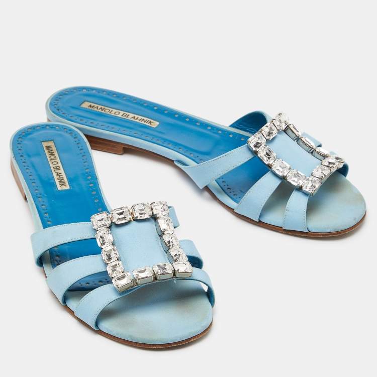 Pre Owned Manolo Blahnik Blue Fabric Crystal Embellished Flat Slides Size 40 