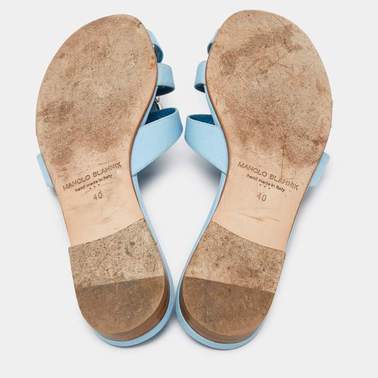 Pre Owned Manolo Blahnik Blue Fabric Crystal Embellished Flat Slides Size 40 
