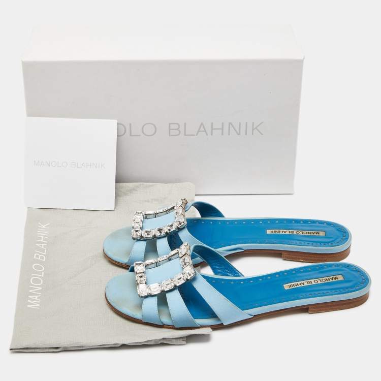 Pre Owned Manolo Blahnik Blue Fabric Crystal Embellished Flat Slides Size 40 