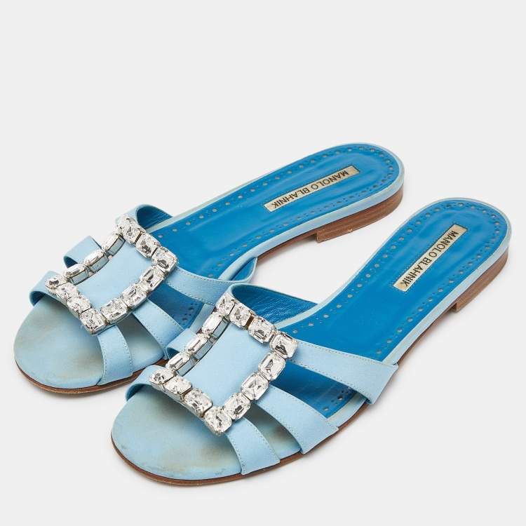 Pre Owned Manolo Blahnik Blue Fabric Crystal Embellished Flat Slides Size 40 