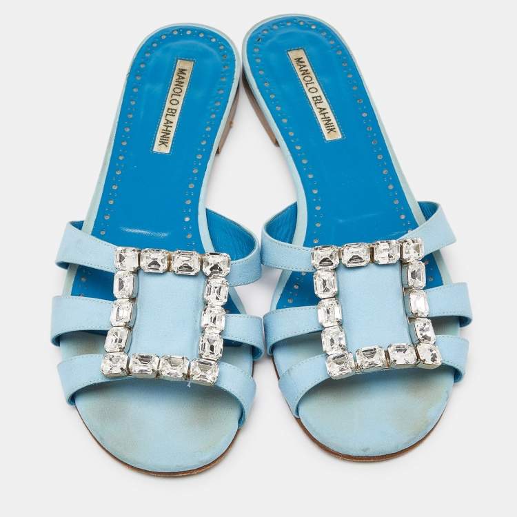 Pre Owned Manolo Blahnik Blue Fabric Crystal Embellished Flat Slides Size 40 
