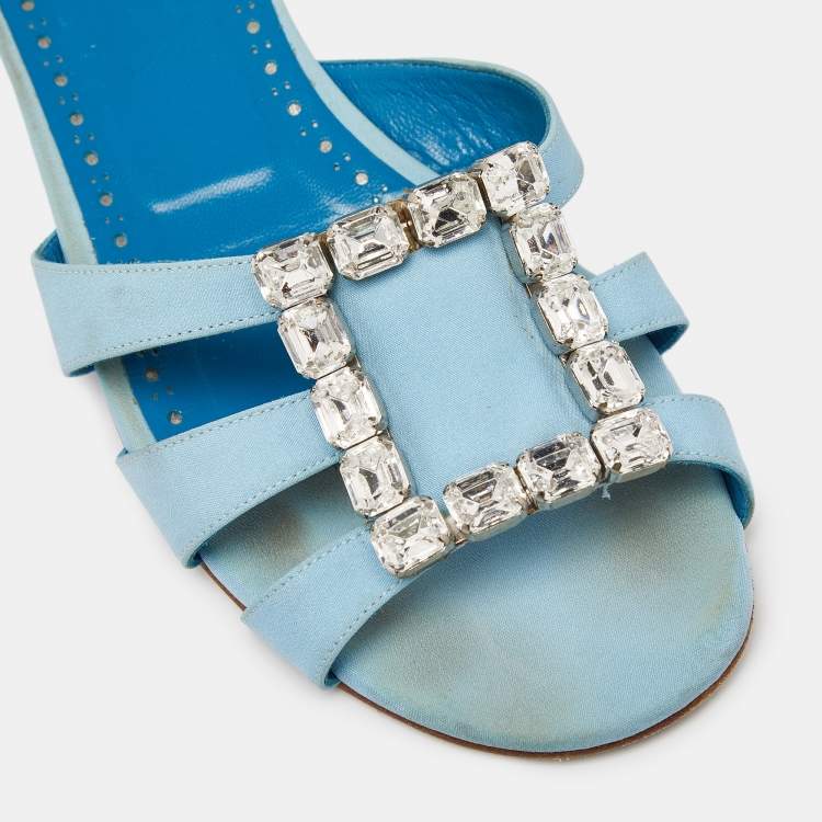 Pre Owned Manolo Blahnik Blue Fabric Crystal Embellished Flat Slides Size 40 