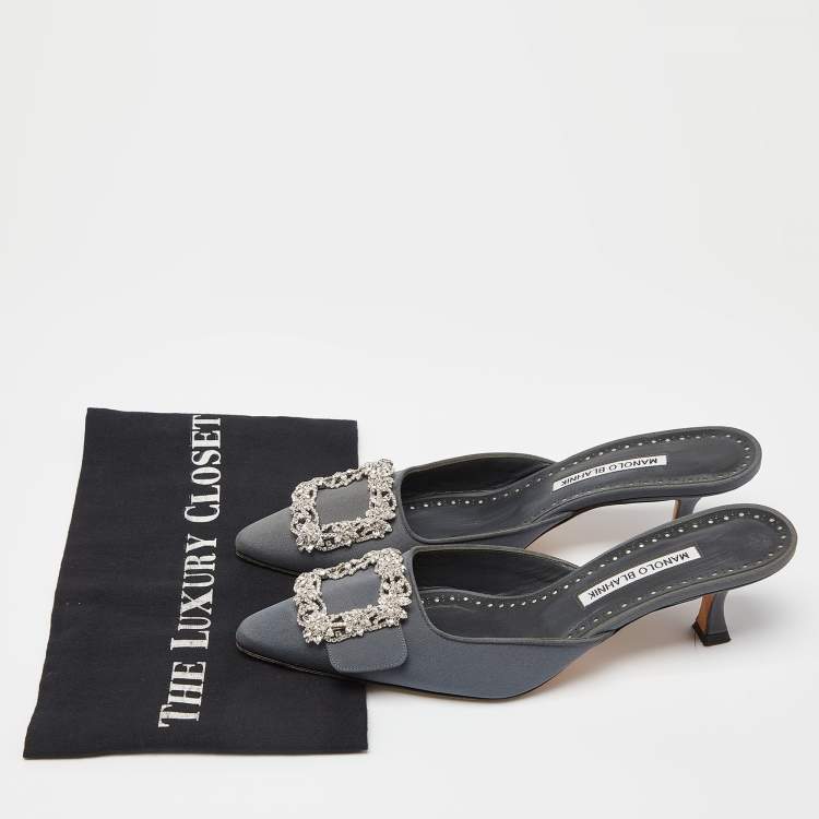 Pre Owned Manolo Blahnik Grey Fabric Maysale Crystal Embellished Pointed Toe Mules Size 38