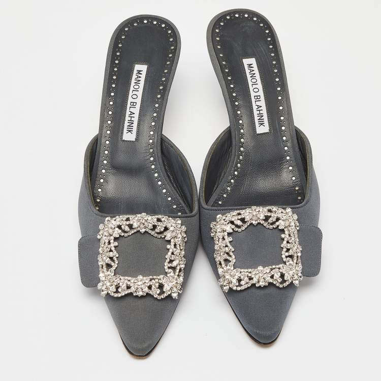 Pre Owned Manolo Blahnik Grey Fabric Maysale Crystal Embellished Pointed Toe Mules Size 38