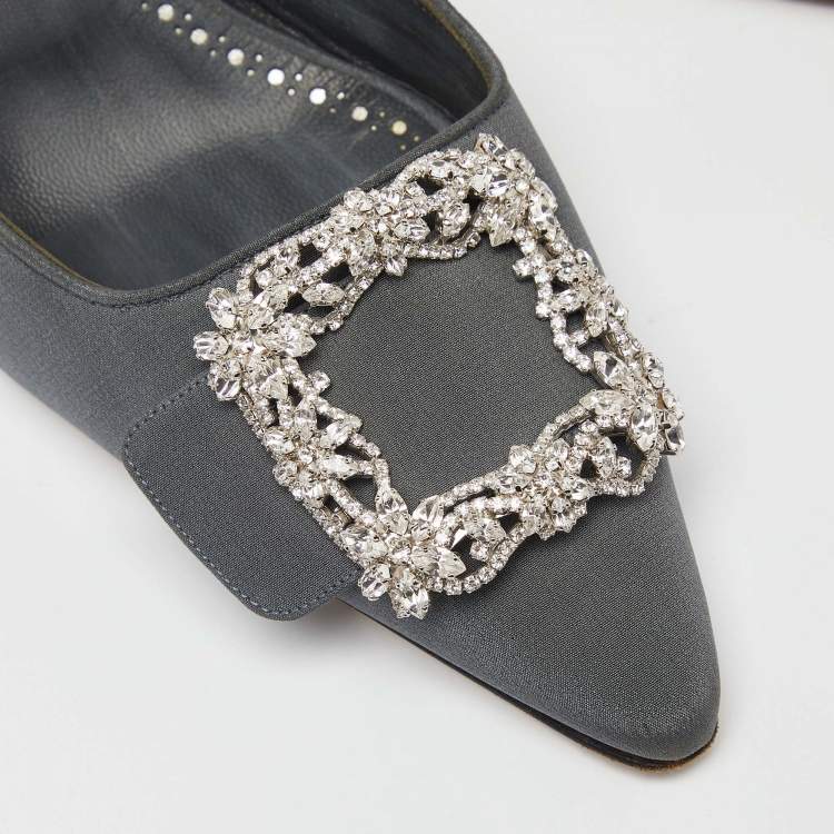 Pre Owned Manolo Blahnik Grey Fabric Maysale Crystal Embellished Pointed Toe Mules Size 38