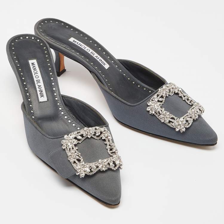 Pre Owned Manolo Blahnik Grey Fabric Maysale Crystal Embellished Pointed Toe Mules Size 38
