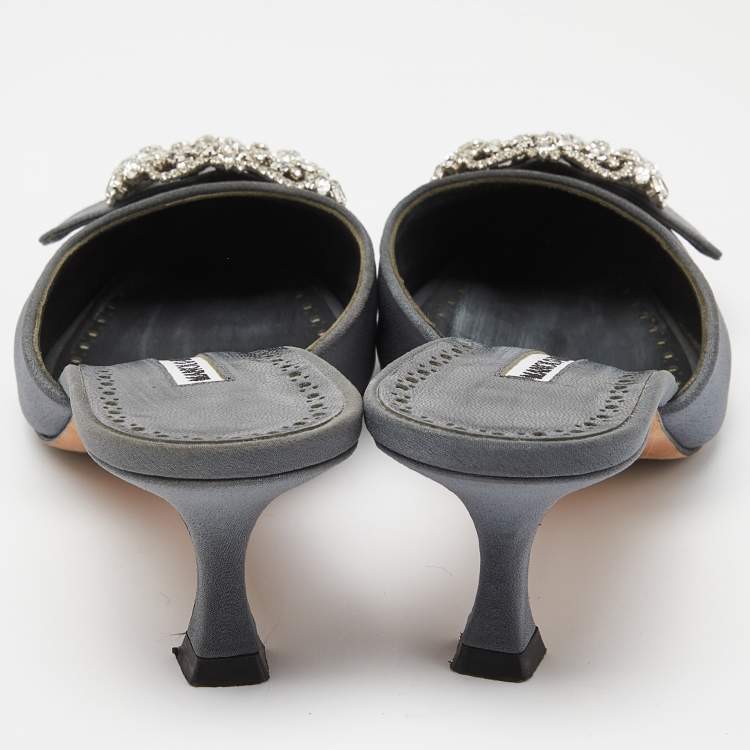 Pre Owned Manolo Blahnik Grey Fabric Maysale Crystal Embellished Pointed Toe Mules Size 38