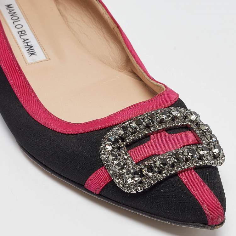 Pre Owned Manolo Blahnik Black/Pink Satin Gotrian Ballet Flats Size 40