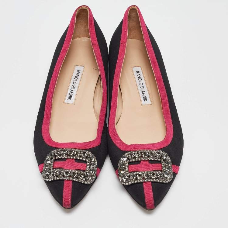 Pre Owned Manolo Blahnik Black/Pink Satin Gotrian Ballet Flats Size 40