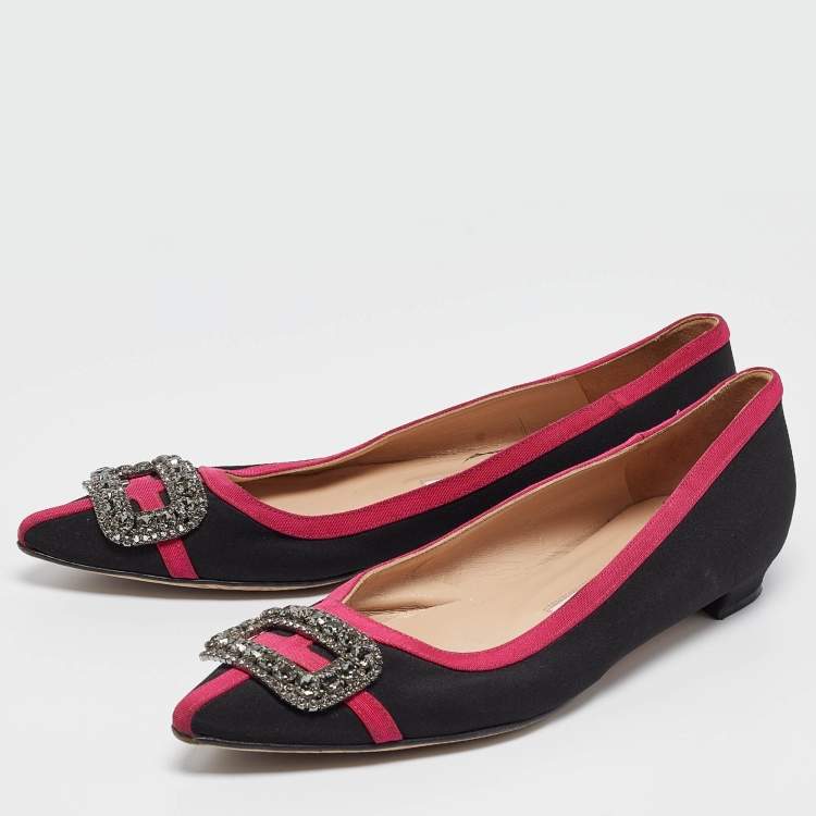 Pre Owned Manolo Blahnik Black/Pink Satin Gotrian Ballet Flats Size 40