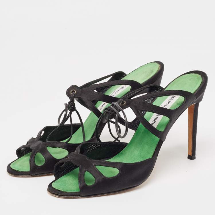 Pre Owned Manolo Blahnik Black Satin Cutout Slide Sandals Size 39