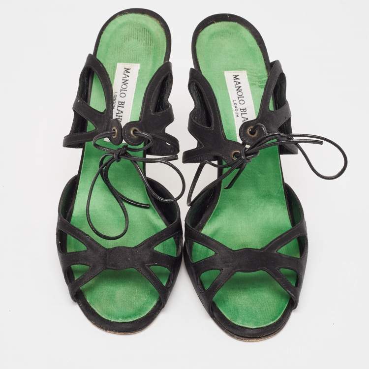 Pre Owned Manolo Blahnik Black Satin Cutout Slide Sandals Size 39