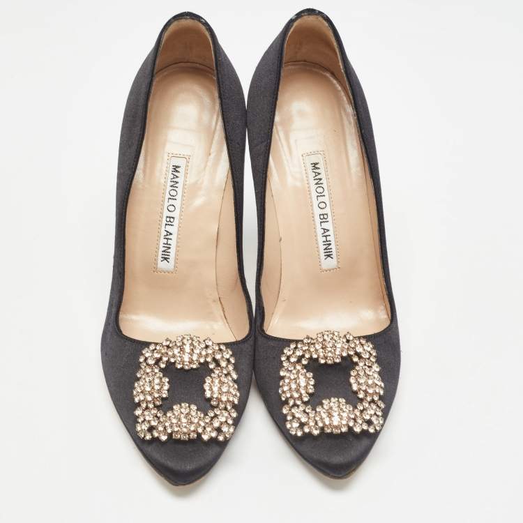 Pre Owned Manolo Blahnik Black Satin Hangisi Pumps Size 36