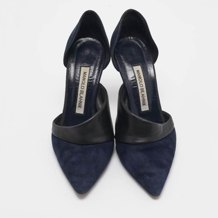 Pre Owned Manolo Blahnik Navy Blue/Black Suede and Leather D'orsay Pumps Size 36