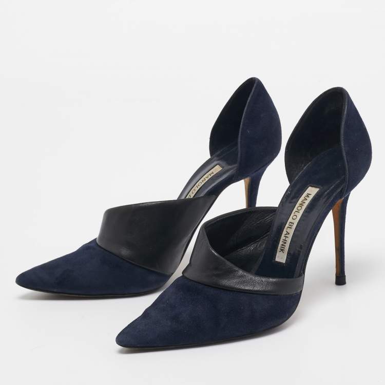 Pre Owned Manolo Blahnik Navy Blue/Black Suede and Leather D'orsay Pumps Size 36