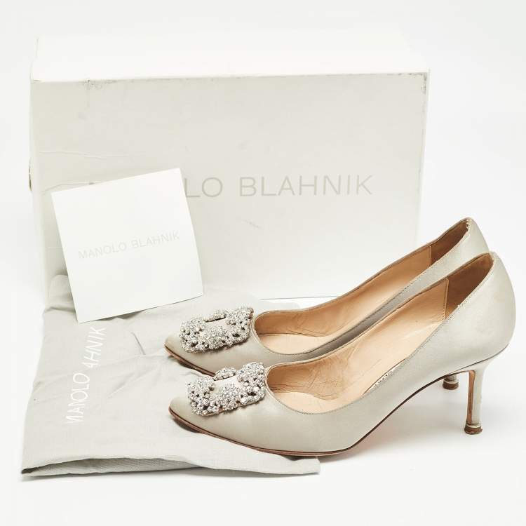 Pre Owned Manolo Blahnik Grey Satin Hangisi Crystal Embellished Pointed Toe Pumps Size 36.5