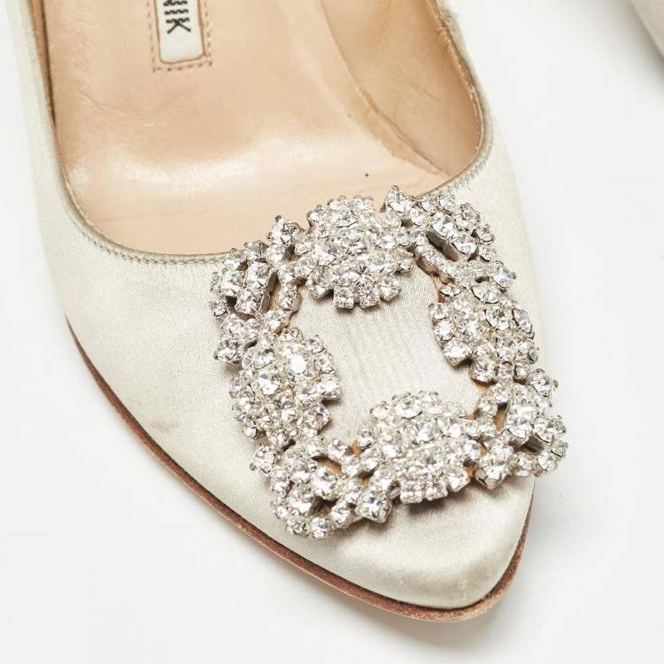 Pre Owned Manolo Blahnik Grey Satin Hangisi Crystal Embellished Pointed Toe Pumps Size 36.5