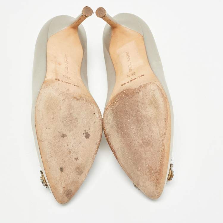 Pre Owned Manolo Blahnik Grey Satin Hangisi Crystal Embellished Pointed Toe Pumps Size 36.5