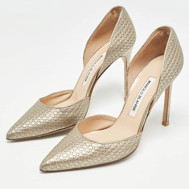Pre Owned Manolo Blahnik Metallic Textured Leather D'orsay Pointed Toe Pumps Size 38.5