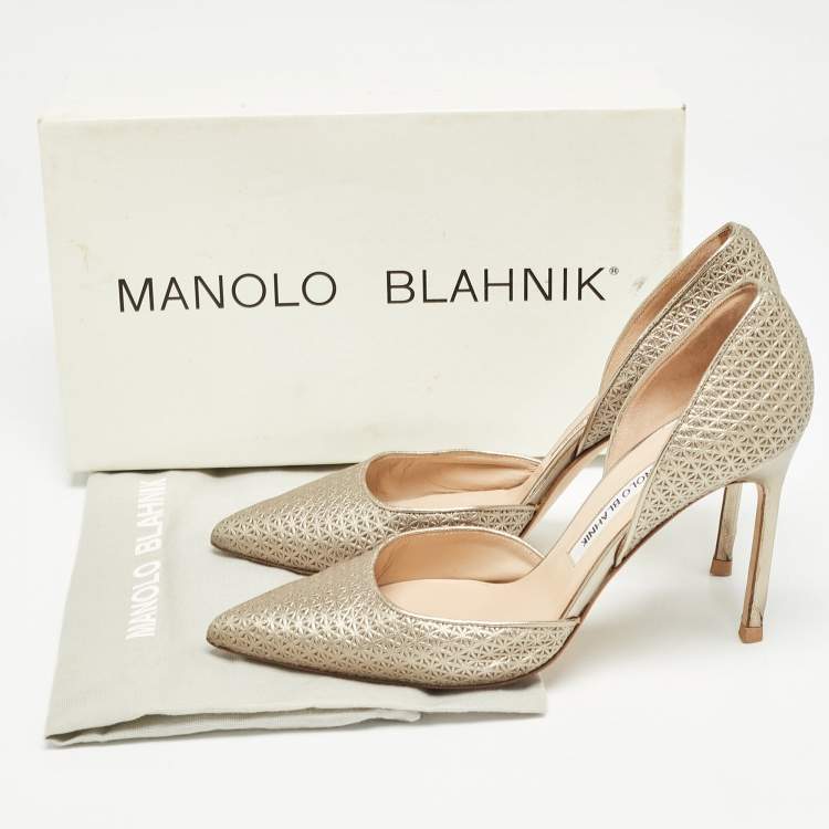 Pre Owned Manolo Blahnik Metallic Textured Leather D'orsay Pointed Toe Pumps Size 38.5