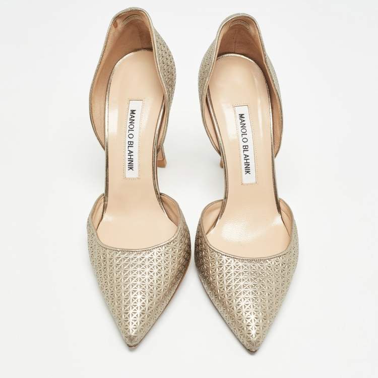 Pre Owned Manolo Blahnik Metallic Textured Leather D'orsay Pointed Toe Pumps Size 38.5