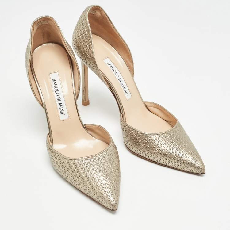 Pre Owned Manolo Blahnik Metallic Textured Leather D'orsay Pointed Toe Pumps Size 38.5