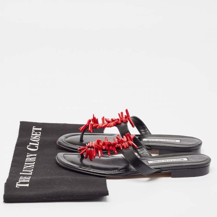 Pre Owned Manolo Blahnik Black Leather Embellished Thong Flats Size 37.5