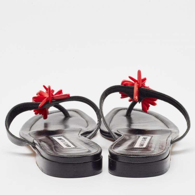 Pre Owned Manolo Blahnik Black Leather Embellished Thong Flats Size 37.5