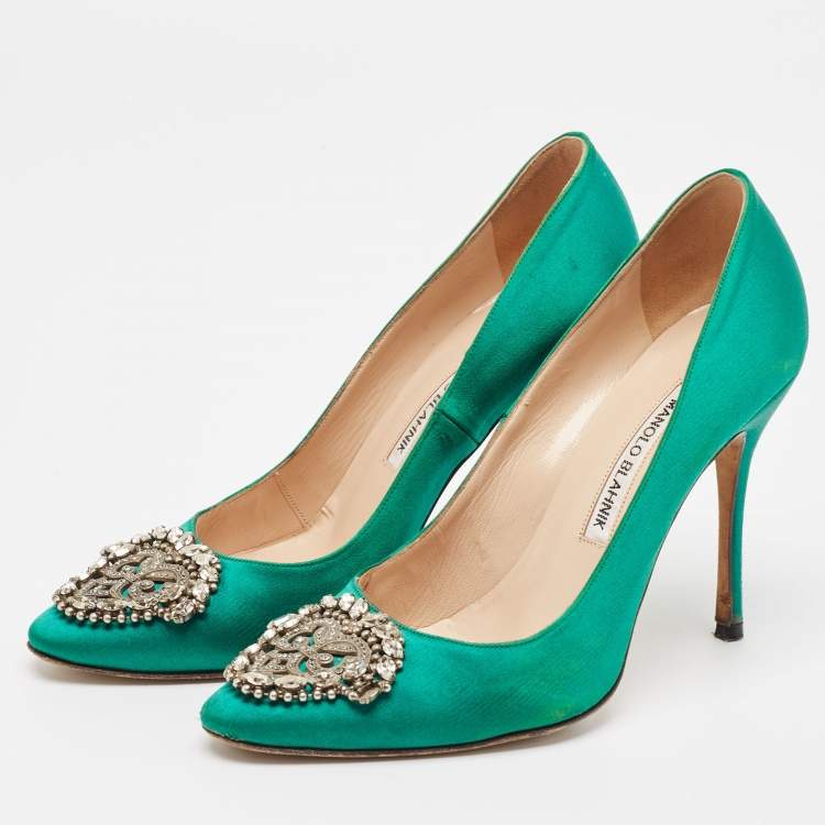 Pre Owned Manolo Blahnik Green Satin Okkaava Pumps Size 37
