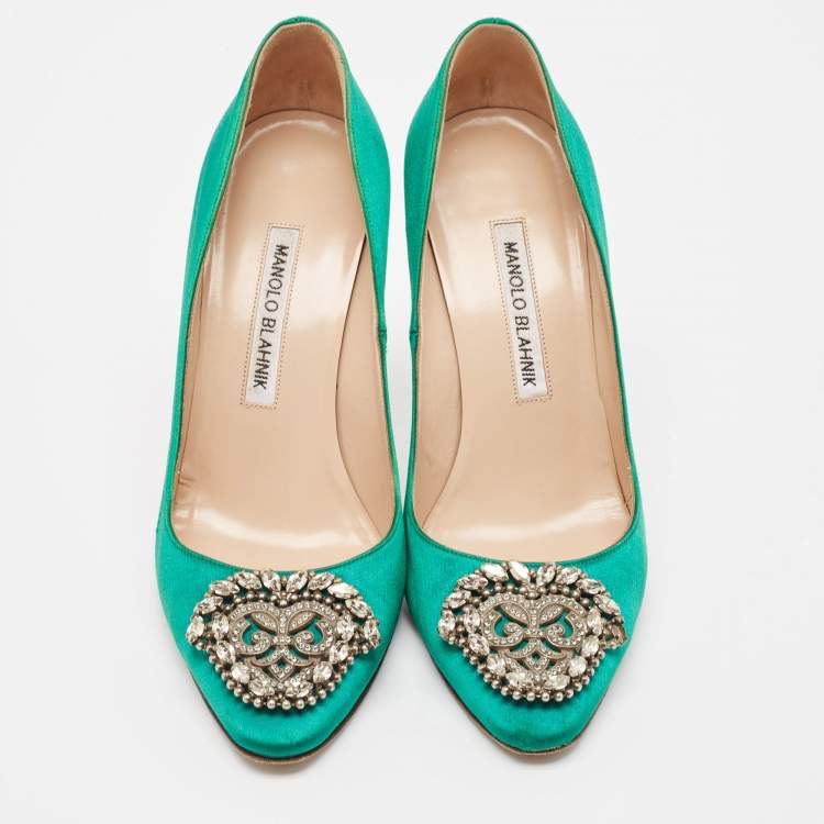 Pre Owned Manolo Blahnik Green Satin Okkaava Pumps Size 37