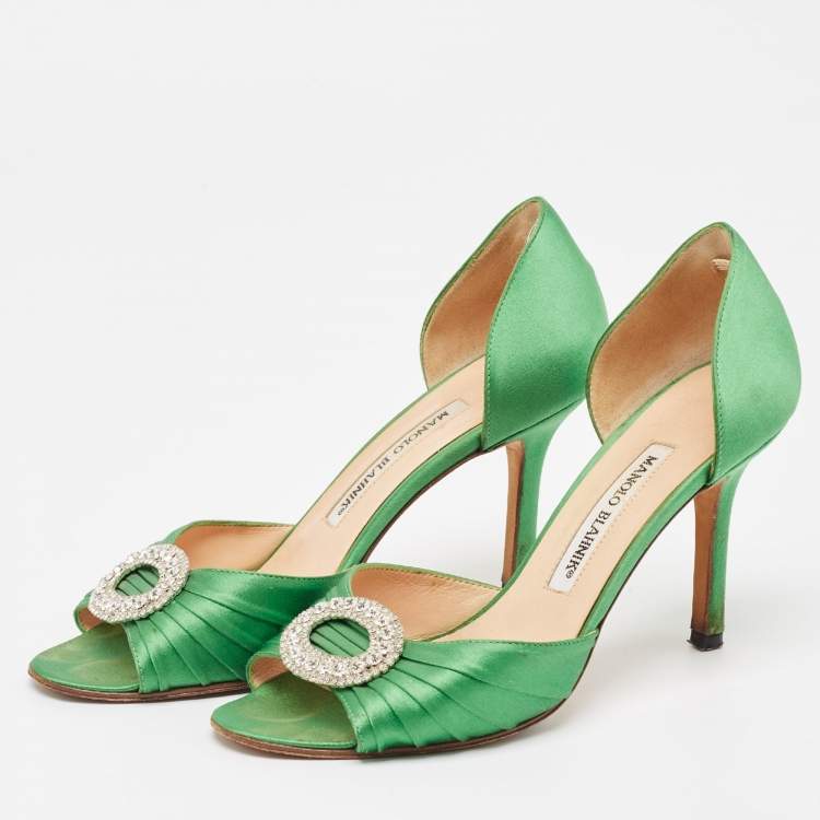 Pre Owned Manolo Blahnik Green Pleated Satin Sedaraby Pumps Size 37
