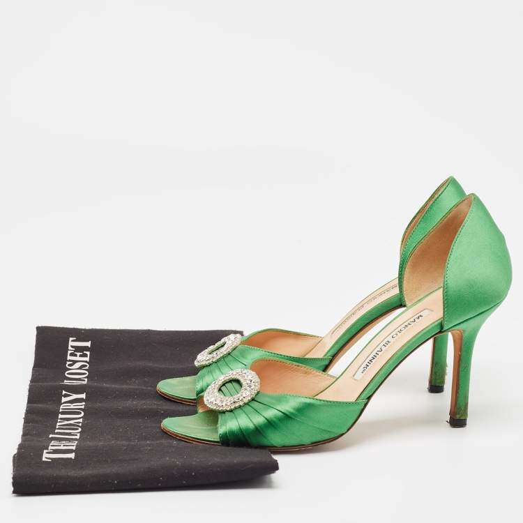 Pre Owned Manolo Blahnik Green Pleated Satin Sedaraby Pumps Size 37