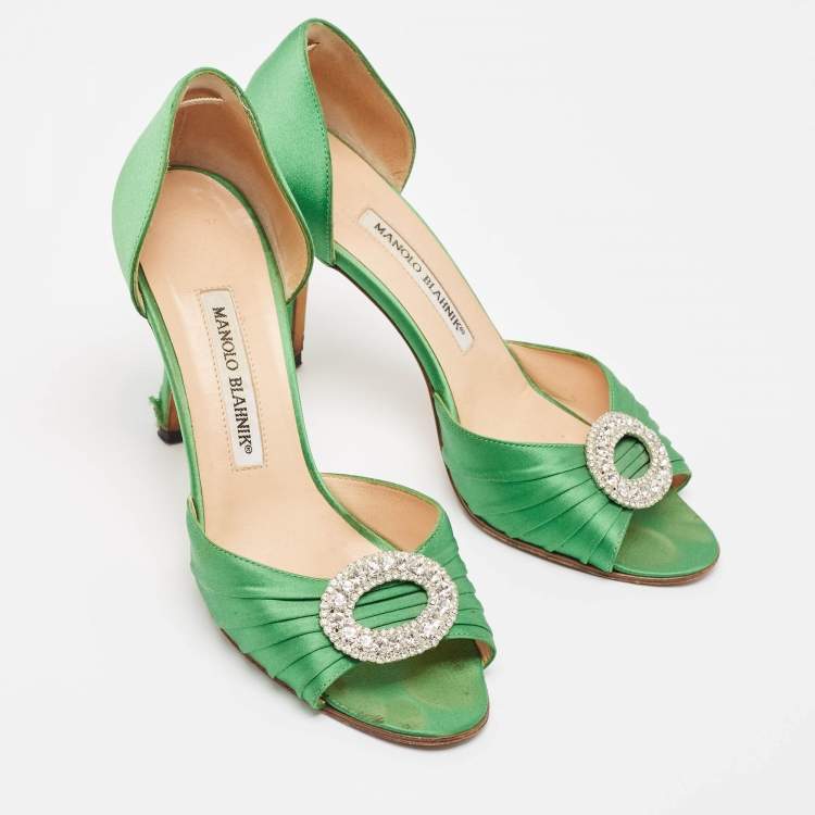 Pre Owned Manolo Blahnik Green Pleated Satin Sedaraby Pumps Size 37