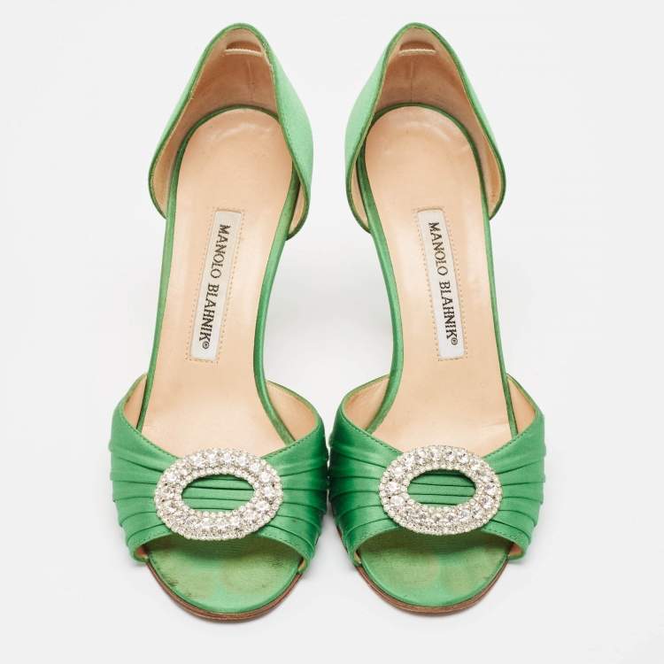 Pre Owned Manolo Blahnik Green Pleated Satin Sedaraby Pumps Size 37
