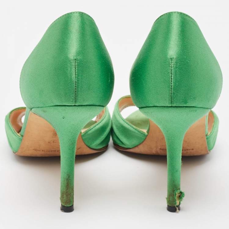 Pre Owned Manolo Blahnik Green Pleated Satin Sedaraby Pumps Size 37