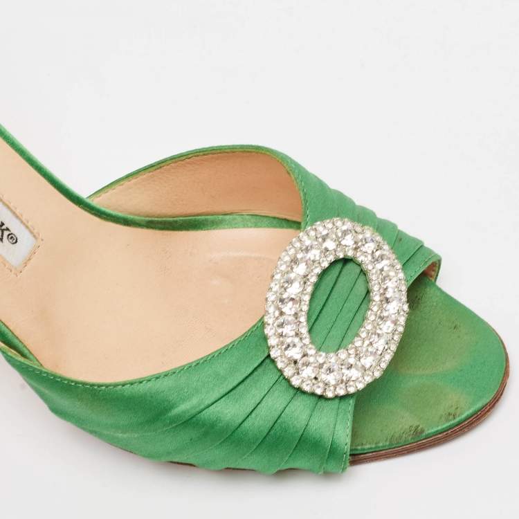 Pre Owned Manolo Blahnik Green Pleated Satin Sedaraby Pumps Size 37