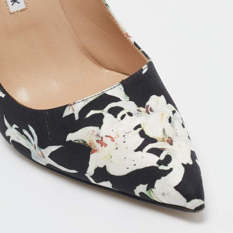 Pre Owned Manolo Blahnik Black/White Printed Floral Fabric BB Pumps Size 37