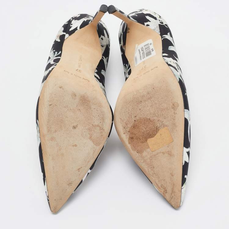 Pre Owned Manolo Blahnik Black/White Printed Floral Fabric BB Pumps Size 37