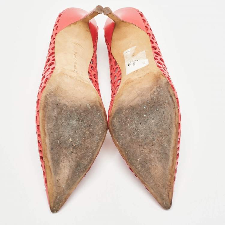 Pre Owned Manolo Blahnik Coral Pink Lasercut Leather BB Laserato Pumps Size 37